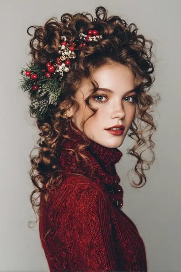 Romantic curly half-up hairstyle with a festive accent