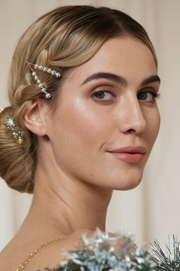 Tucked-in low bun with decorative pins
