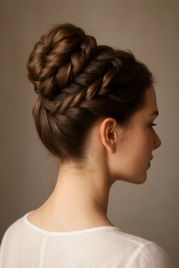 Braided crown into a high bun, side view
