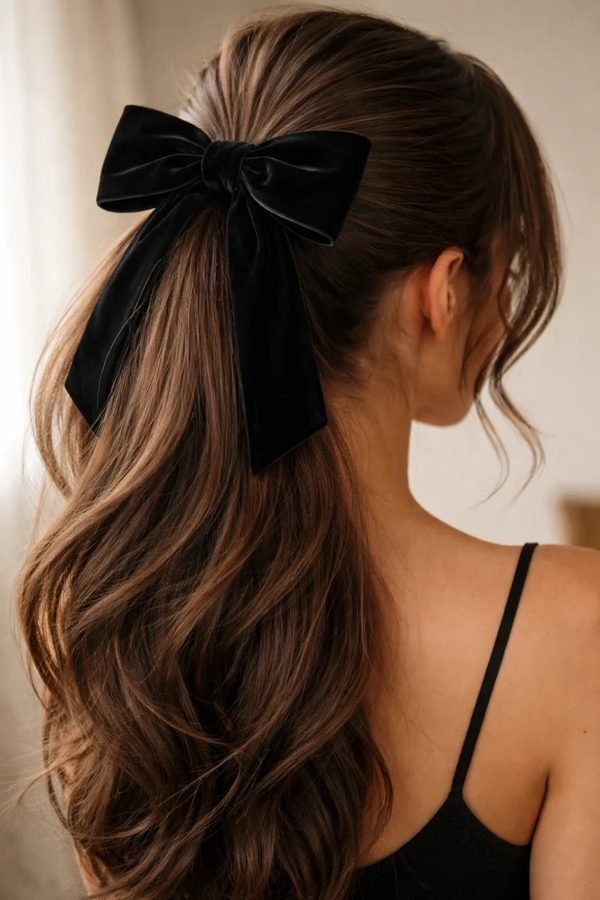 Ponytail finished with a velvet bow