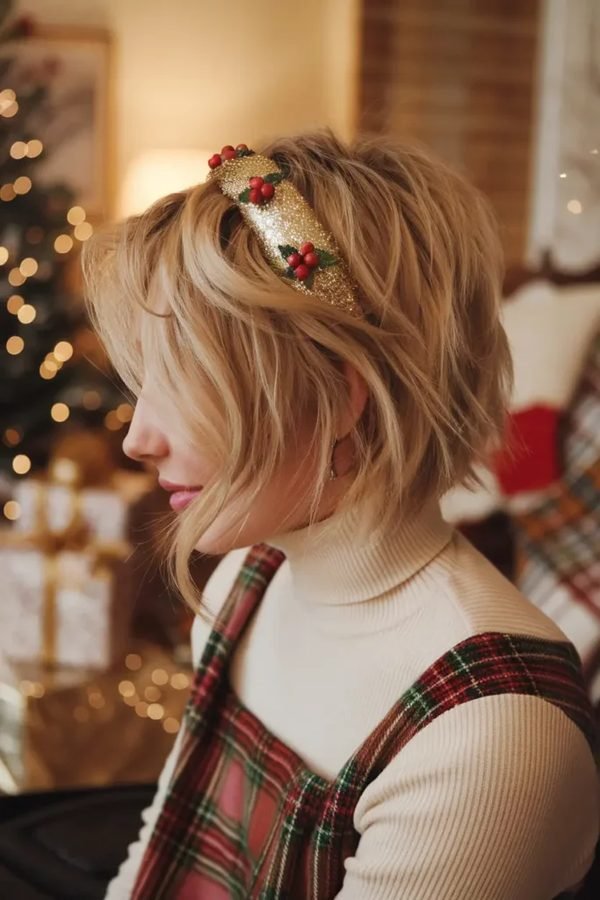 Festive claw-clip updo with soft texture
