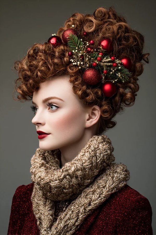 Sculpted ringlet updo with festive ornaments