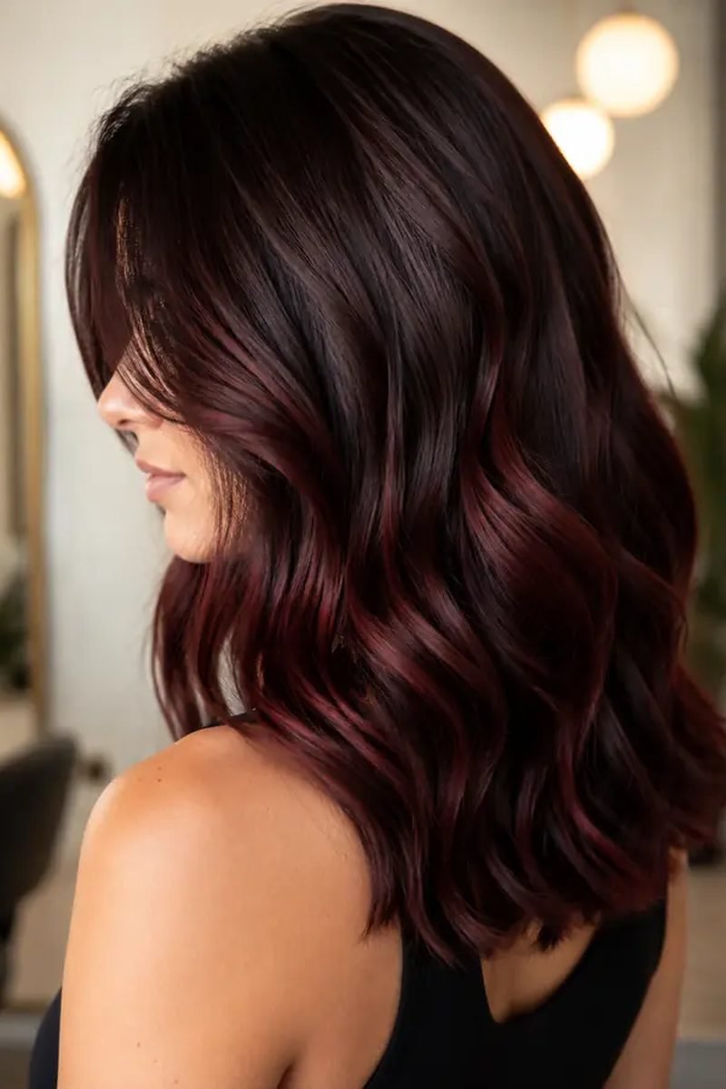 Burgundy tinted cherry cola brunette hair