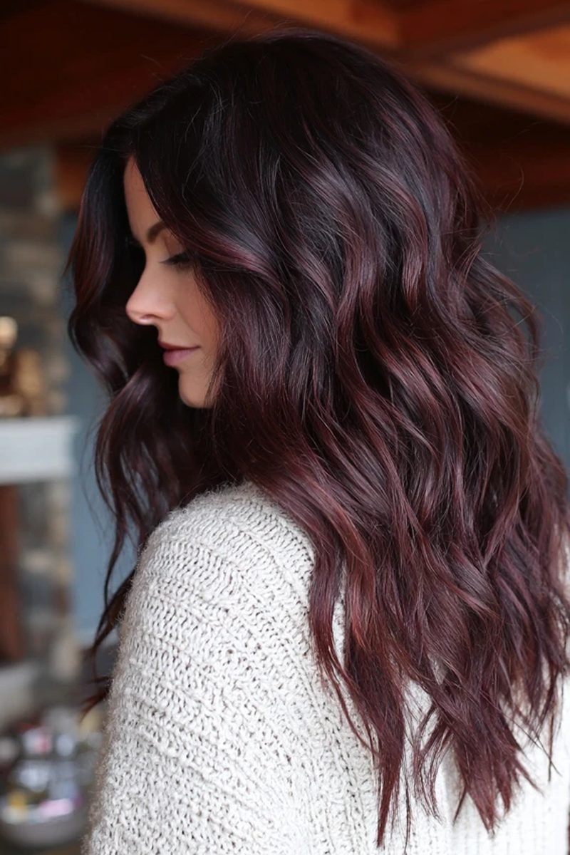 Fiery cherry red ends on brunette hair