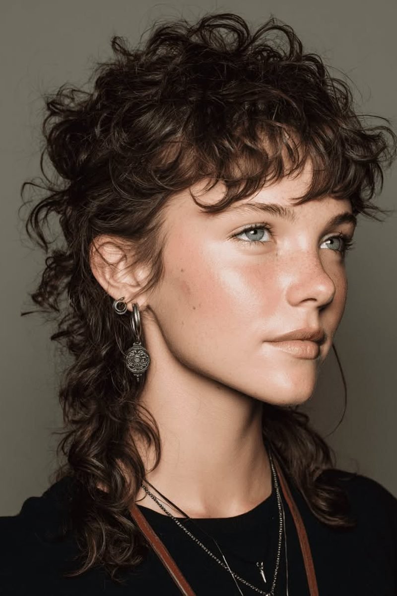 Dark curly wolf cut with micro bangs, side profile