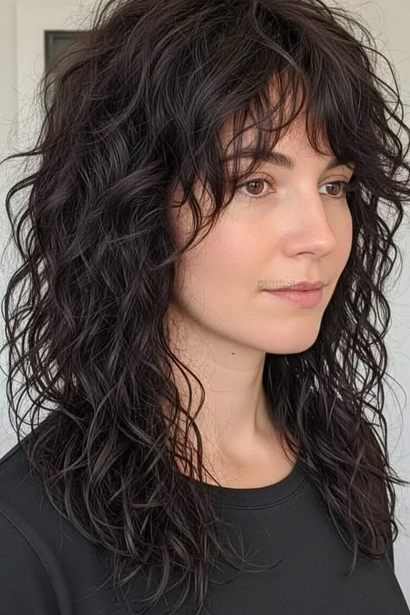 Long dark wavy wolf cut with bangs, side view