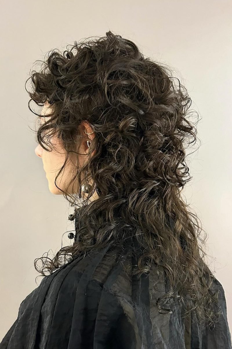 Dark curly wolf cut in a salon, side profile