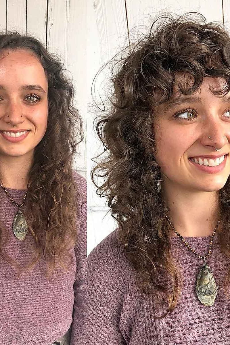 Curly wolf cut with bangs, before-and-after split photo, front view