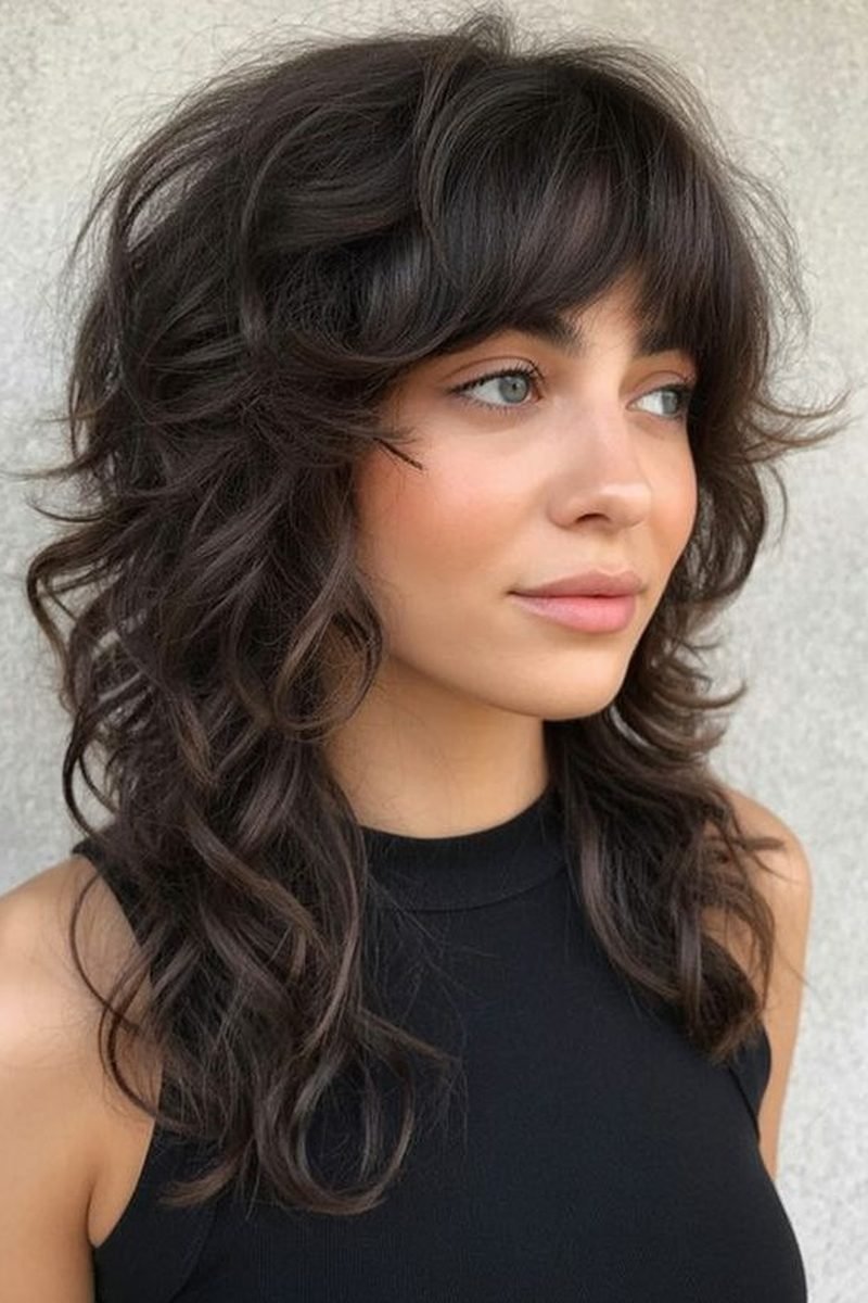 Medium dark wavy wolf cut with bangs, three-quarter front view