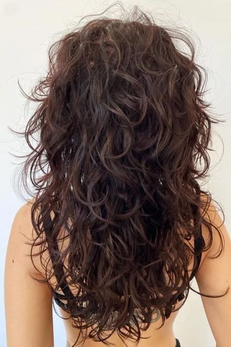 Long dark wavy wolf cut from the back, showing layered length