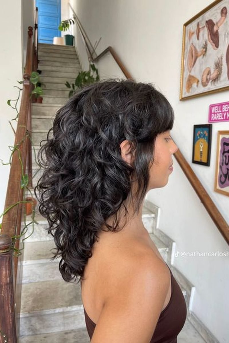 Medium dark curly wolf cut, side profile