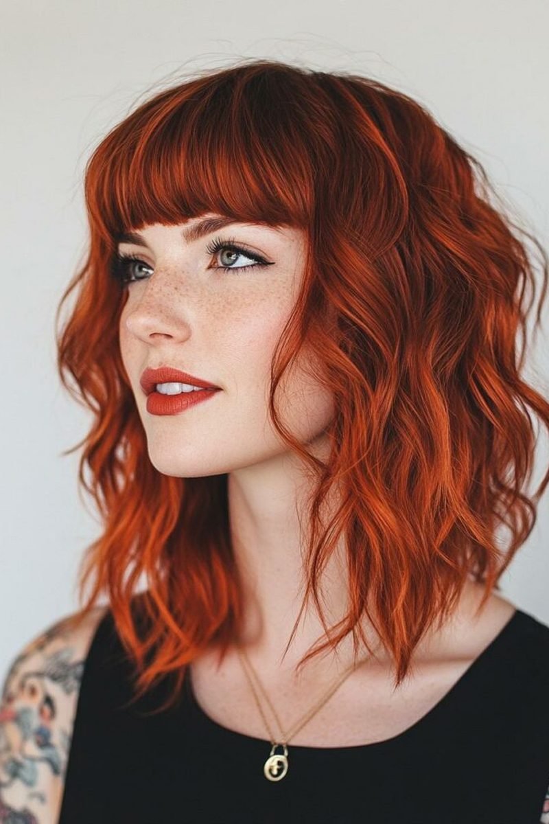 Copper-red wavy wolf cut with blunt bangs, three-quarter front view