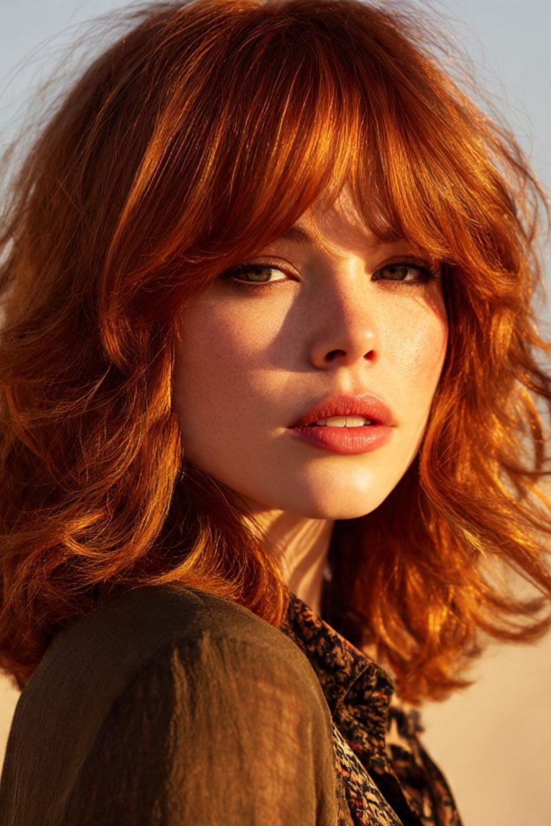 Copper-red wavy wolf cut in golden-hour light, front view