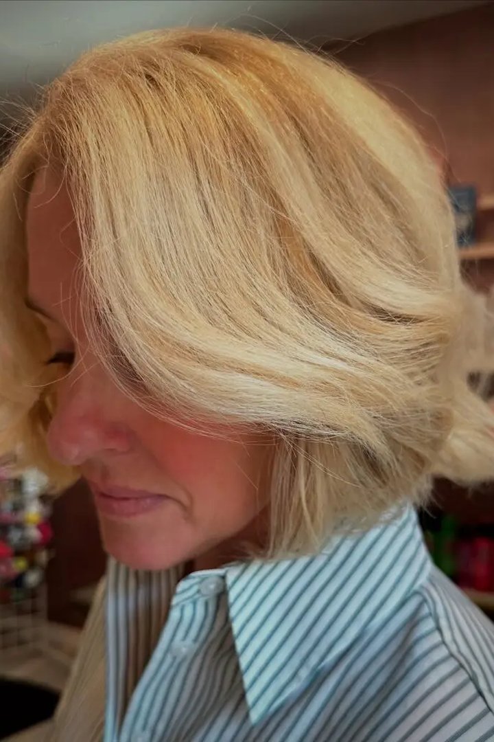 French bob with curtain bangs parted in the middle