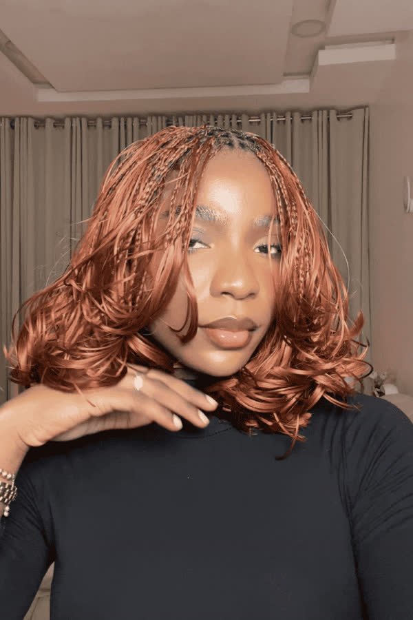 Copper auburn bob-length french curl braids with curly ends