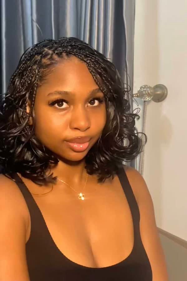 Chin-length black bob french curl braids with curly ends