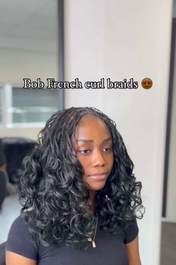 Black shoulder-length bob french curl braids with curly ends
