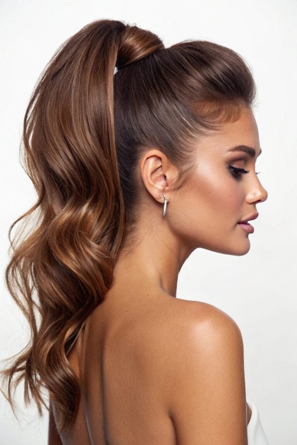 High half up half down ponytail with volume at the crown, side profile