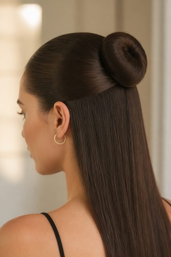 Sleek half-up bun with smooth straight lengths, back view