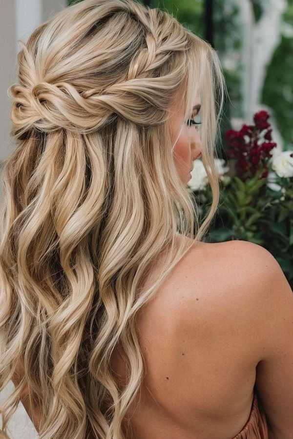 French braid half-up hairstyle with soft waves, back view