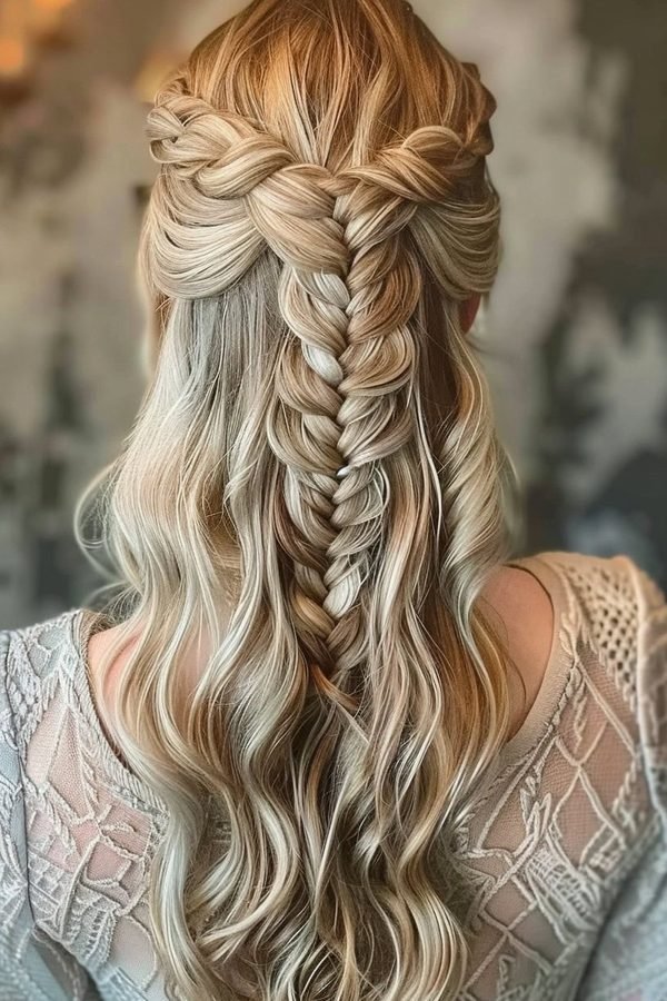 Fishtail braid half-up hairstyle down the centre back with braided crown