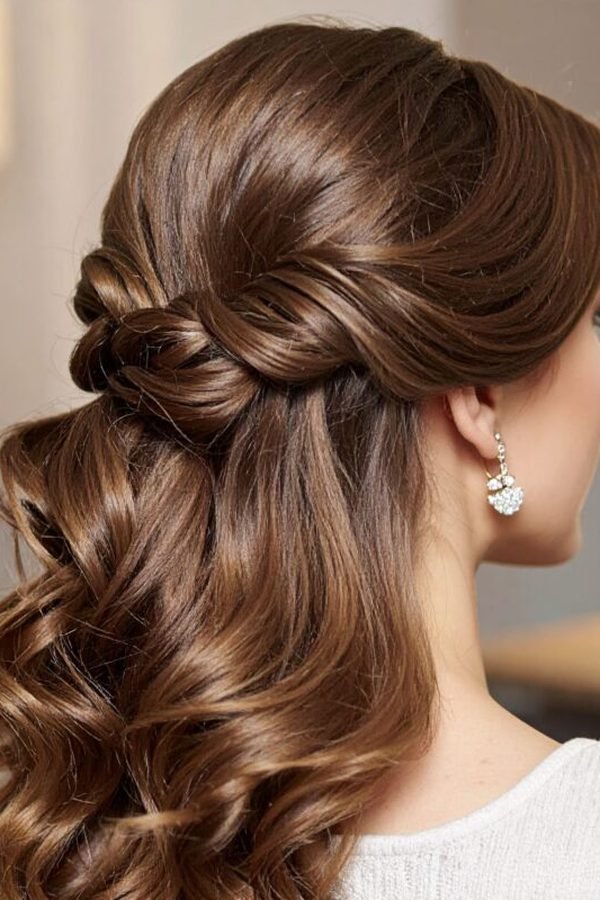 Twisted halo half-up hairstyle with glossy brown curls, side back view