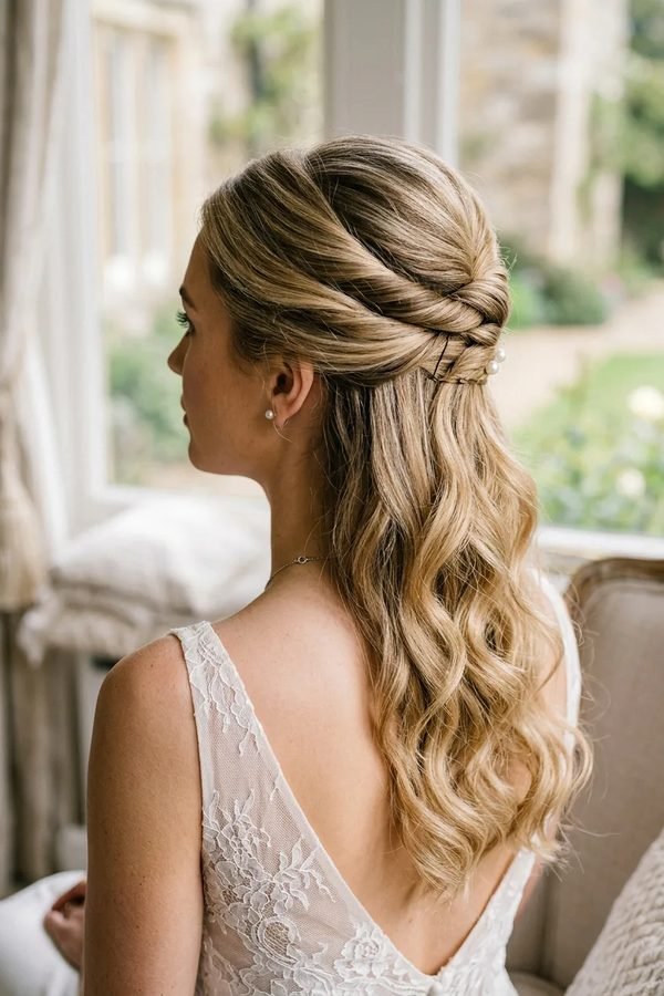 Twisted bridal half-up hairstyle with soft blonde waves, side back view