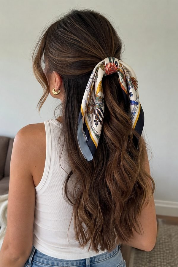 Half-up ponytail tied with a printed silk scarf on long wavy brown hair, back view
