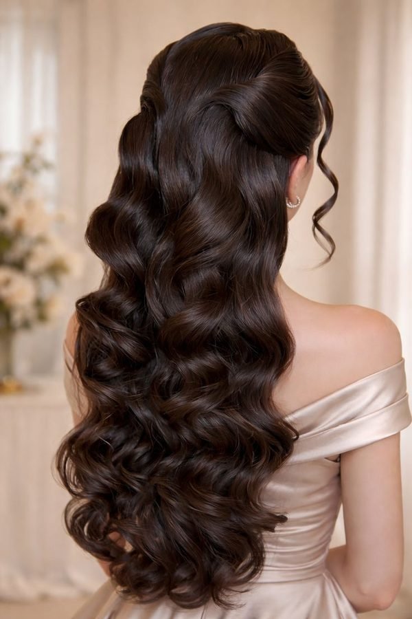 Hollywood waves half-up hairstyle with glossy dark curls, back view