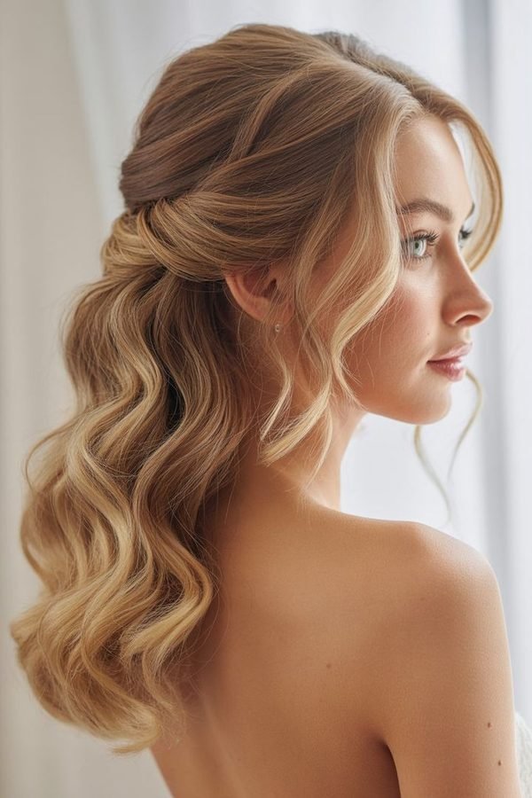 Half up half down hairstyles — elegant half-up style with soft loose waves, side profile
