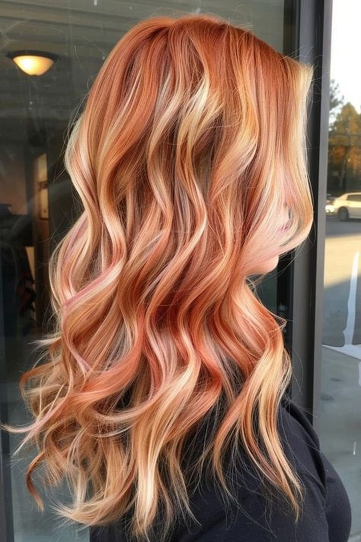Strawberry copper blonde blend on shoulder length hair