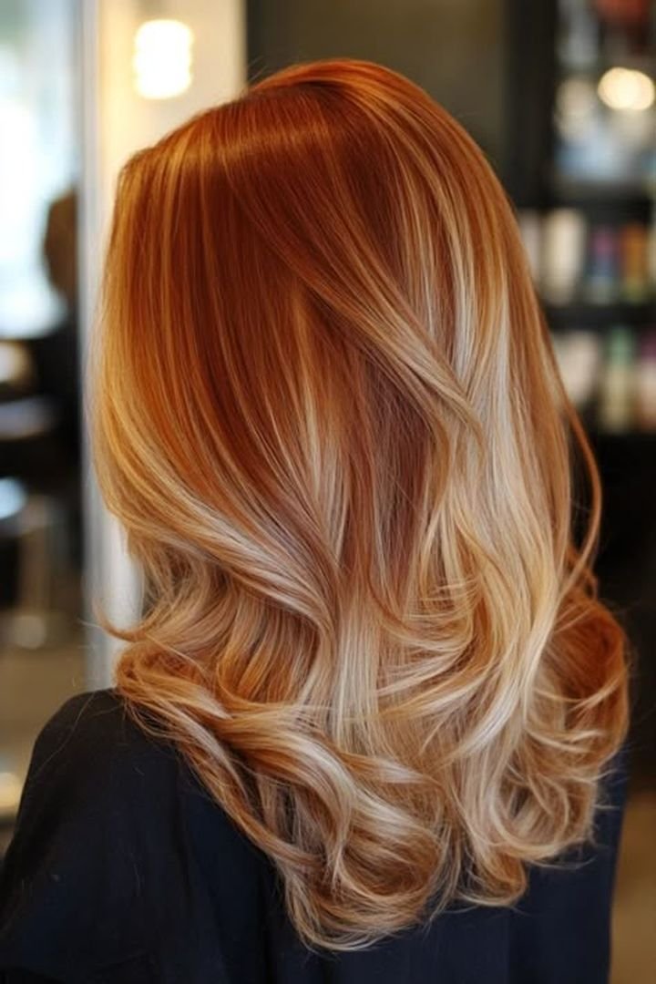 Sunlit copper blonde hair with bright highlights
