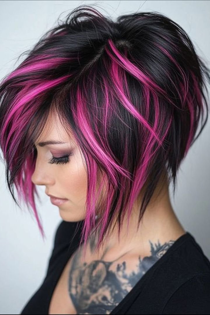 Pink streaks through a black pixie-bob haircut, side view