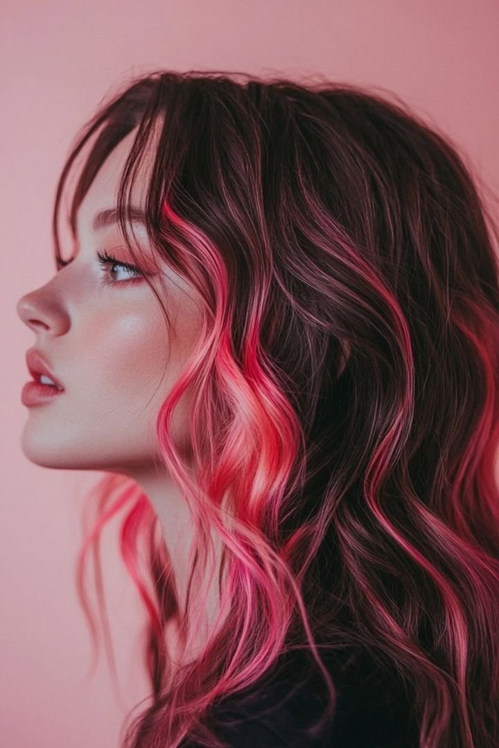 Bubblegum pink single stripe on one side of dark hair