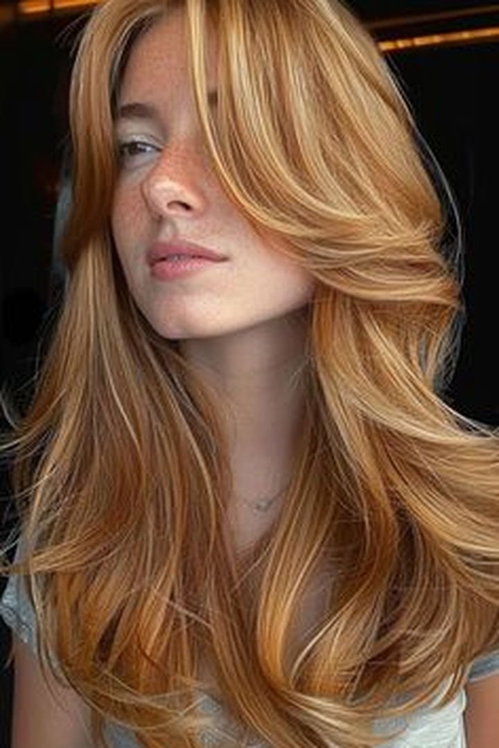 Peachy copper blonde hair with soft texture