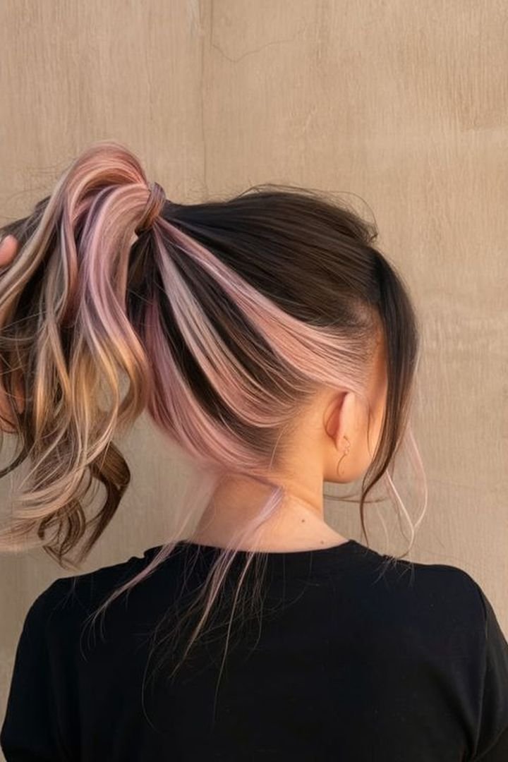 Pink face-framing stripe pulled into a high ponytail