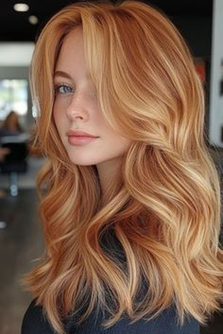 Golden copper blonde gloss on shiny hair