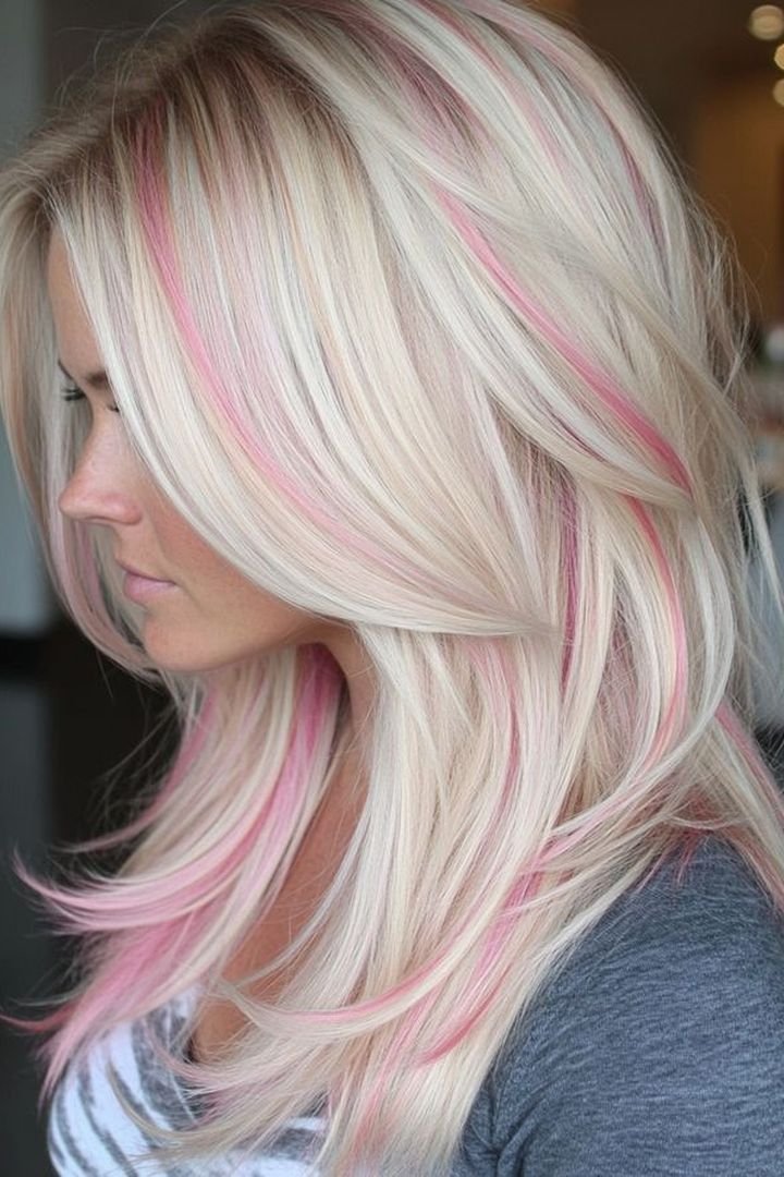 Pink streak on platinum blonde hair, front view