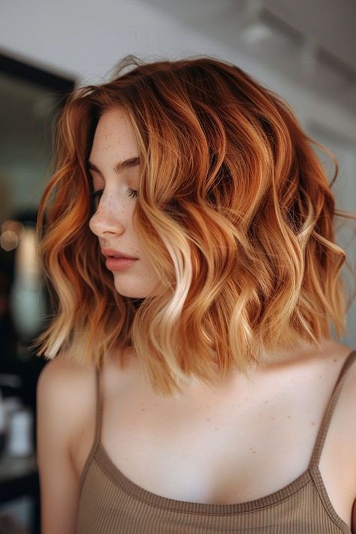 Copper blonde curly lob with defined curls