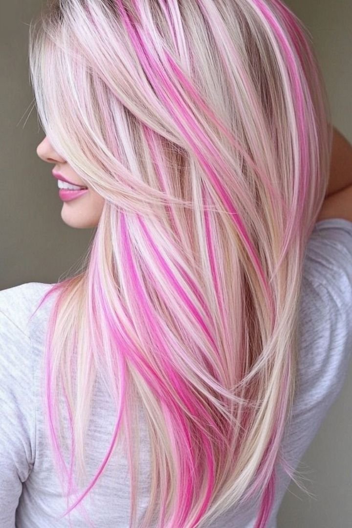 Pink stripe on long layered wavy hair, side view