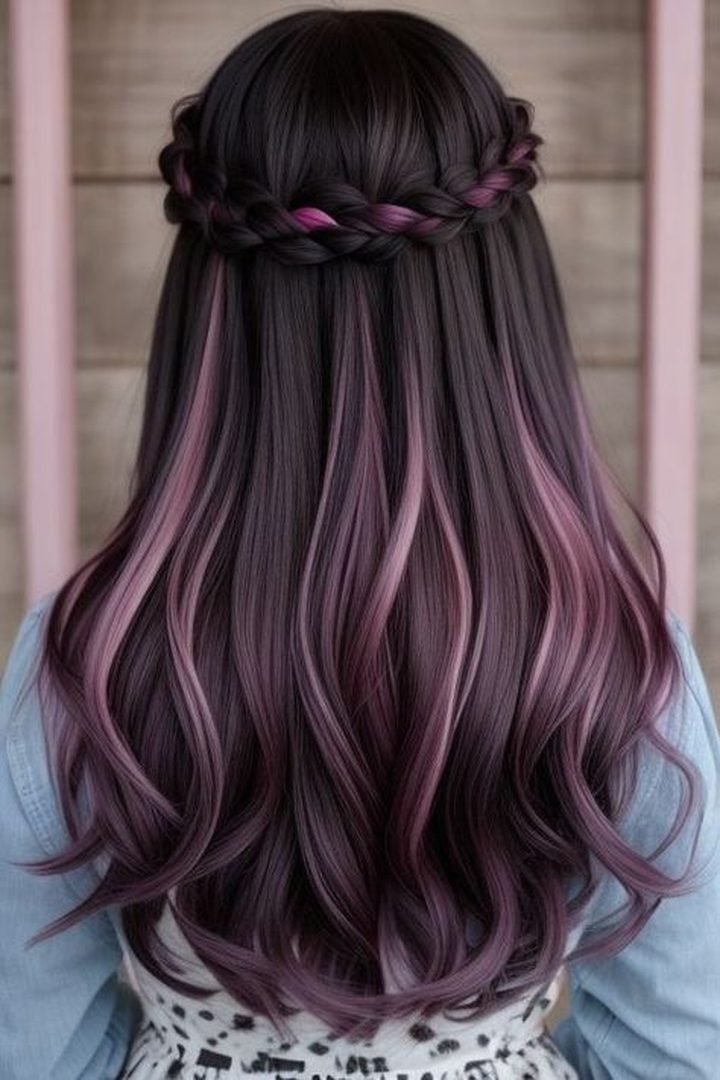 Half-up braid revealing dusty mauve pink underlayer