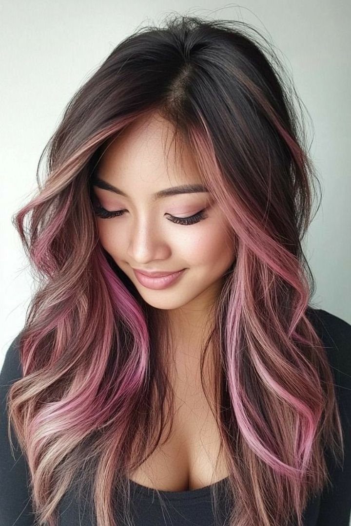 Dusty rose muted pink stripe on brunette hair
