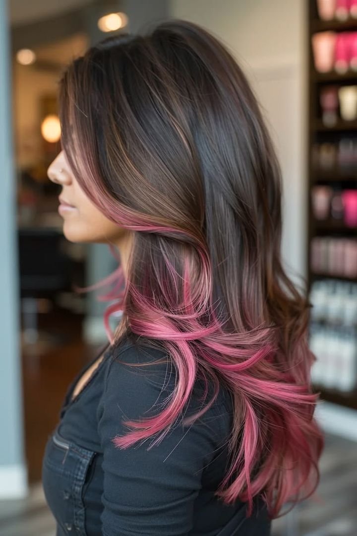 Magenta pink stripe on brown hair, side profile