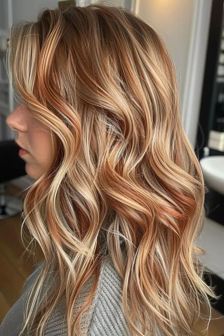 Soft copper blonde root melt on long hair