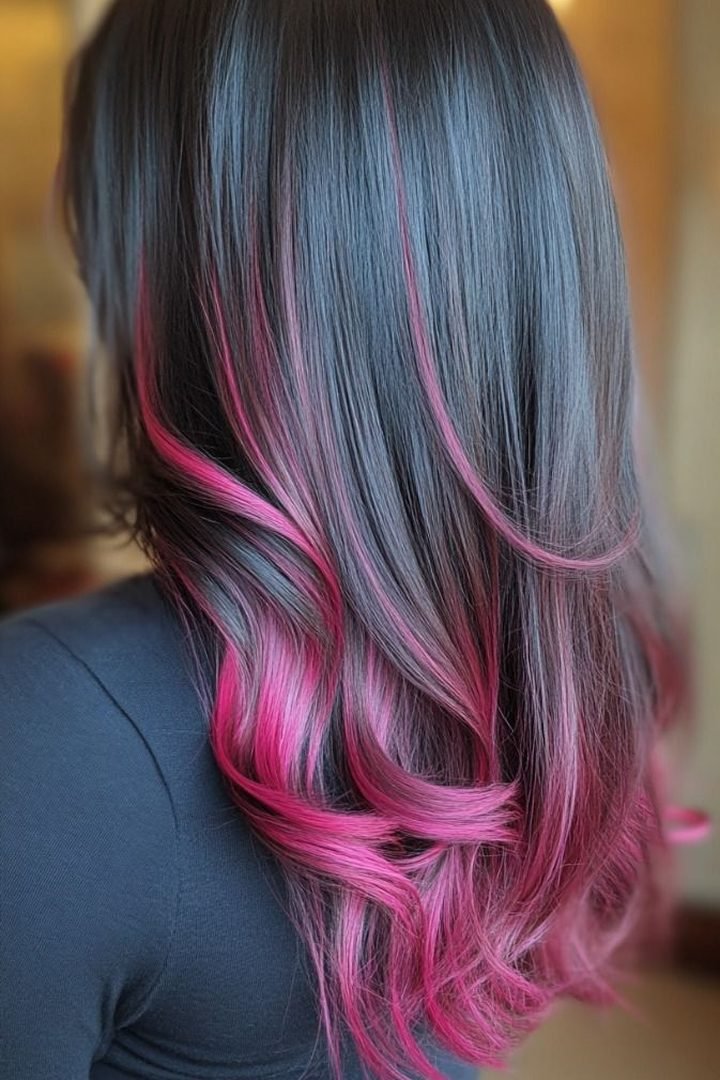 Pink ribbon highlights through dark wavy hair