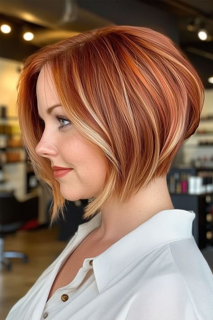 Copper blonde stacked bob haircut