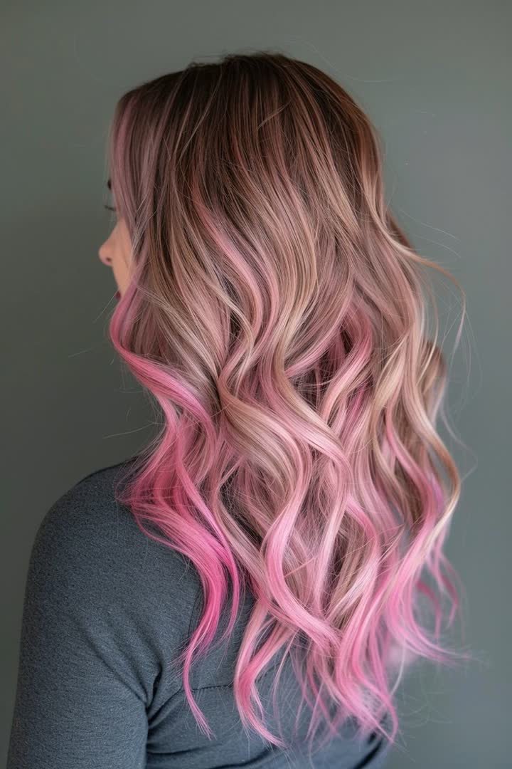 Cotton candy pink stripe on ash brown hair