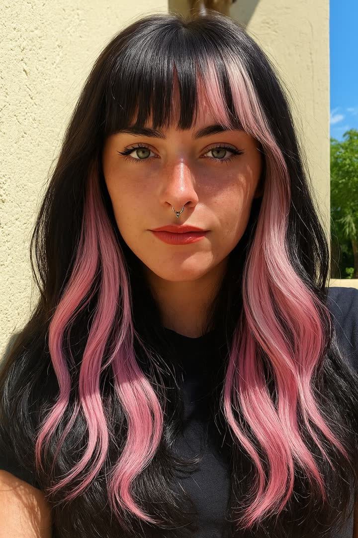 Soft pink stripe on straight sleek hair, minimal look