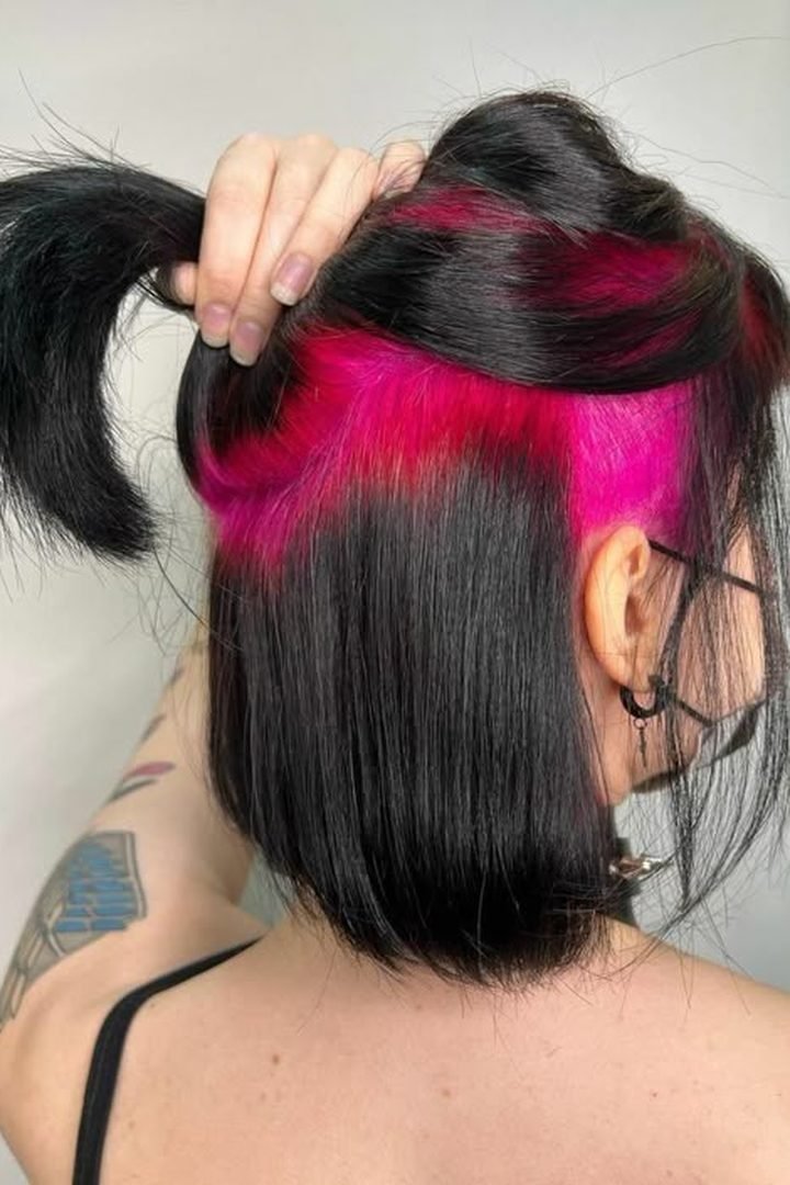 Pink nape peekaboo on short dark hair, undercut reveal