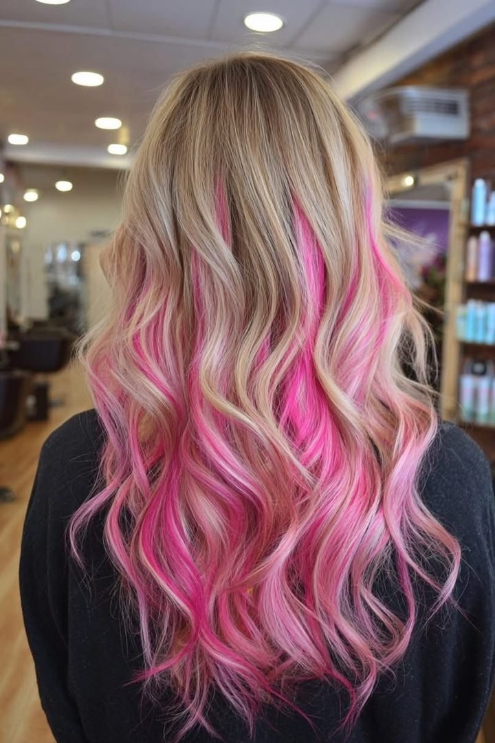 Hot pink peekaboo underlayer on blonde wavy hair, back view